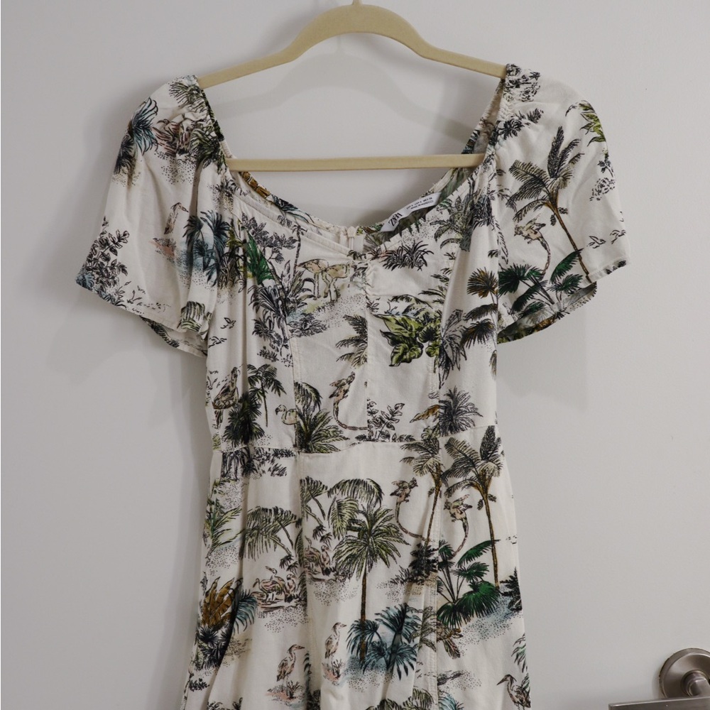 Zara Botanical Print Mini Dress Square Neck Size Small